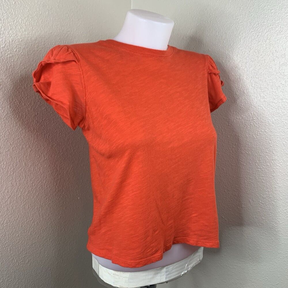 WE THE FREE Latte Tee Sz S Bright Orange Red Cotton Semi Sheer Flutter Sleeve
